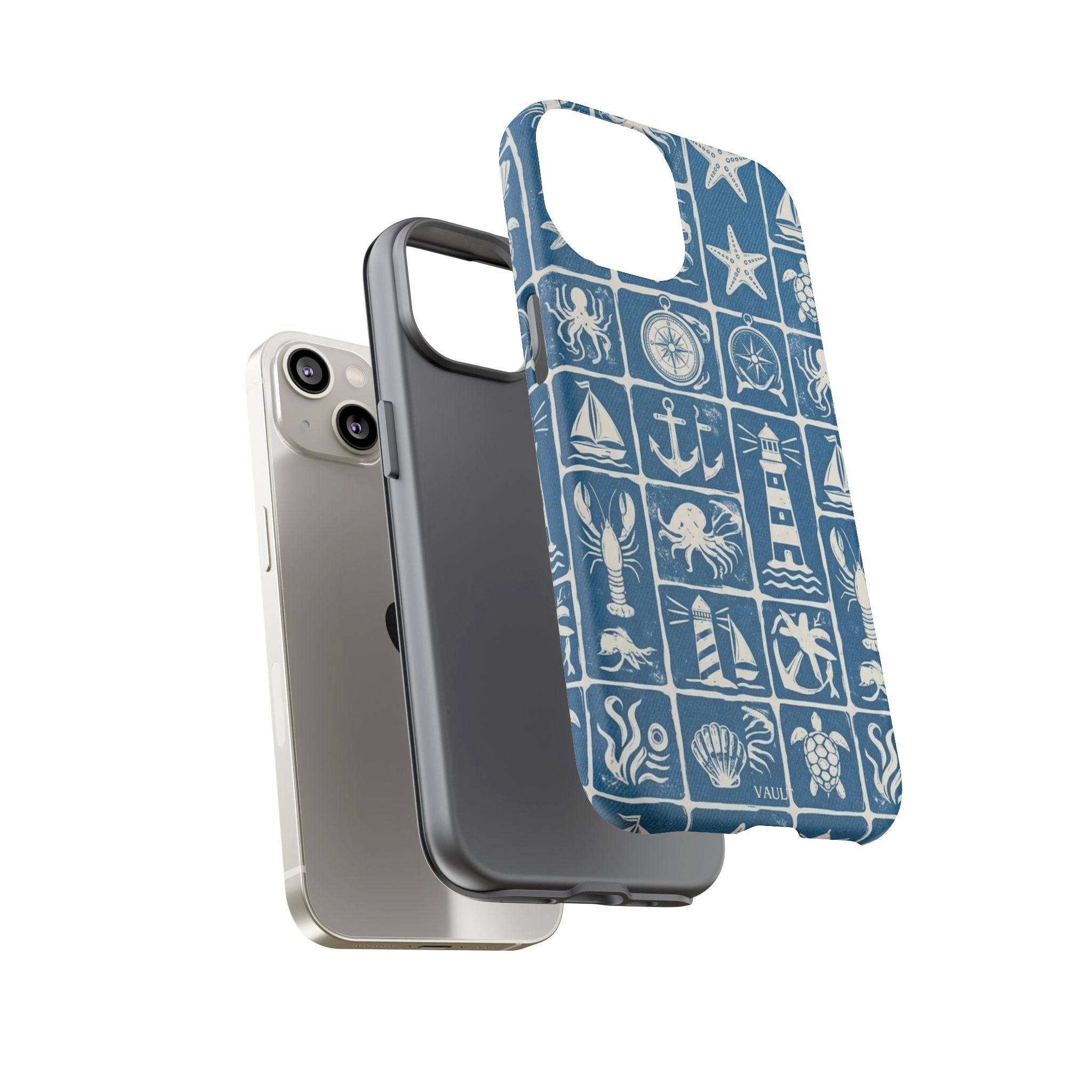 Nautical Tile Phone Case — Blue Coastal Icons (lighthouse, anchor, seashells)