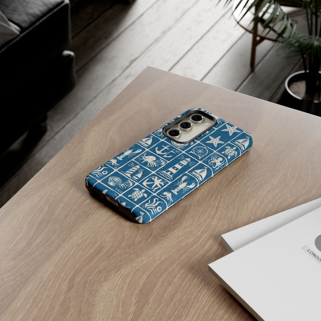 Nautical Tile Phone Case — Blue Coastal Icons (lighthouse, anchor, seashells)