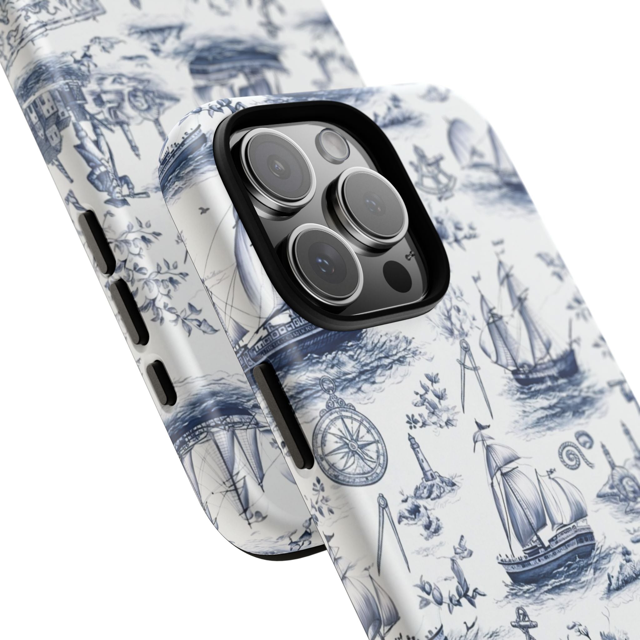 Nautical Vintage Ship Tough Phone Case — Blue Toile Sailboat Pattern