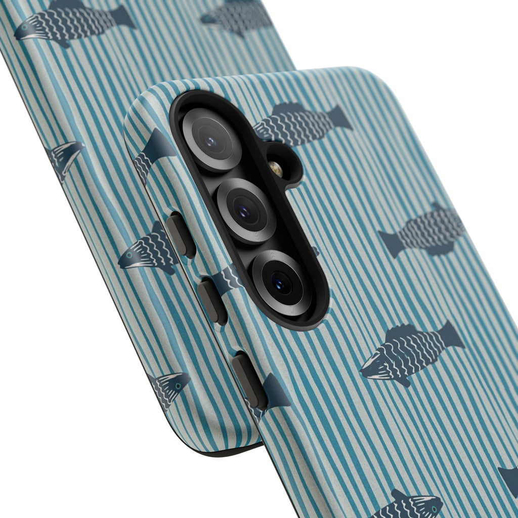 Fish Pattern Tough Phone Case — Blue Striped Ocean Design