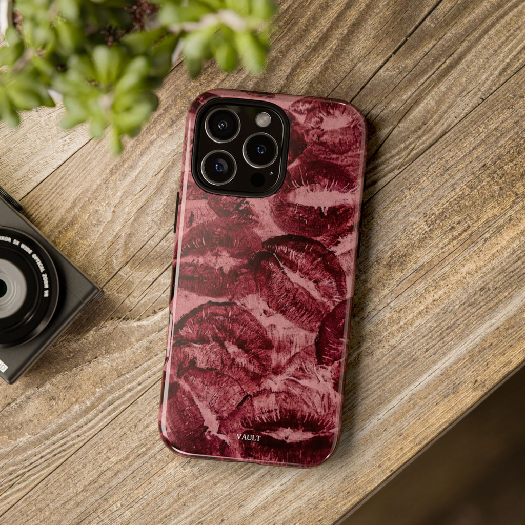 Kiss Print Phone Case – Burgundy Lip Pattern Protective Phone Cover