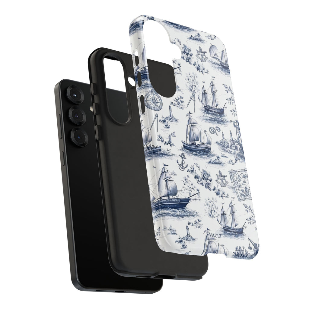 Nautical Vintage Ship Tough Phone Case — Blue Toile Sailboat Pattern