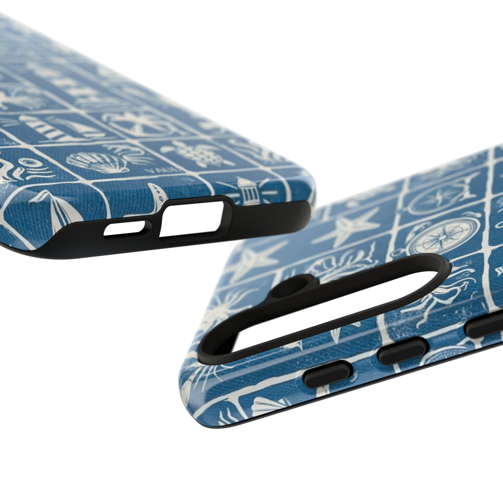 Nautical Tile Phone Case — Blue Coastal Icons (lighthouse, anchor, seashells)