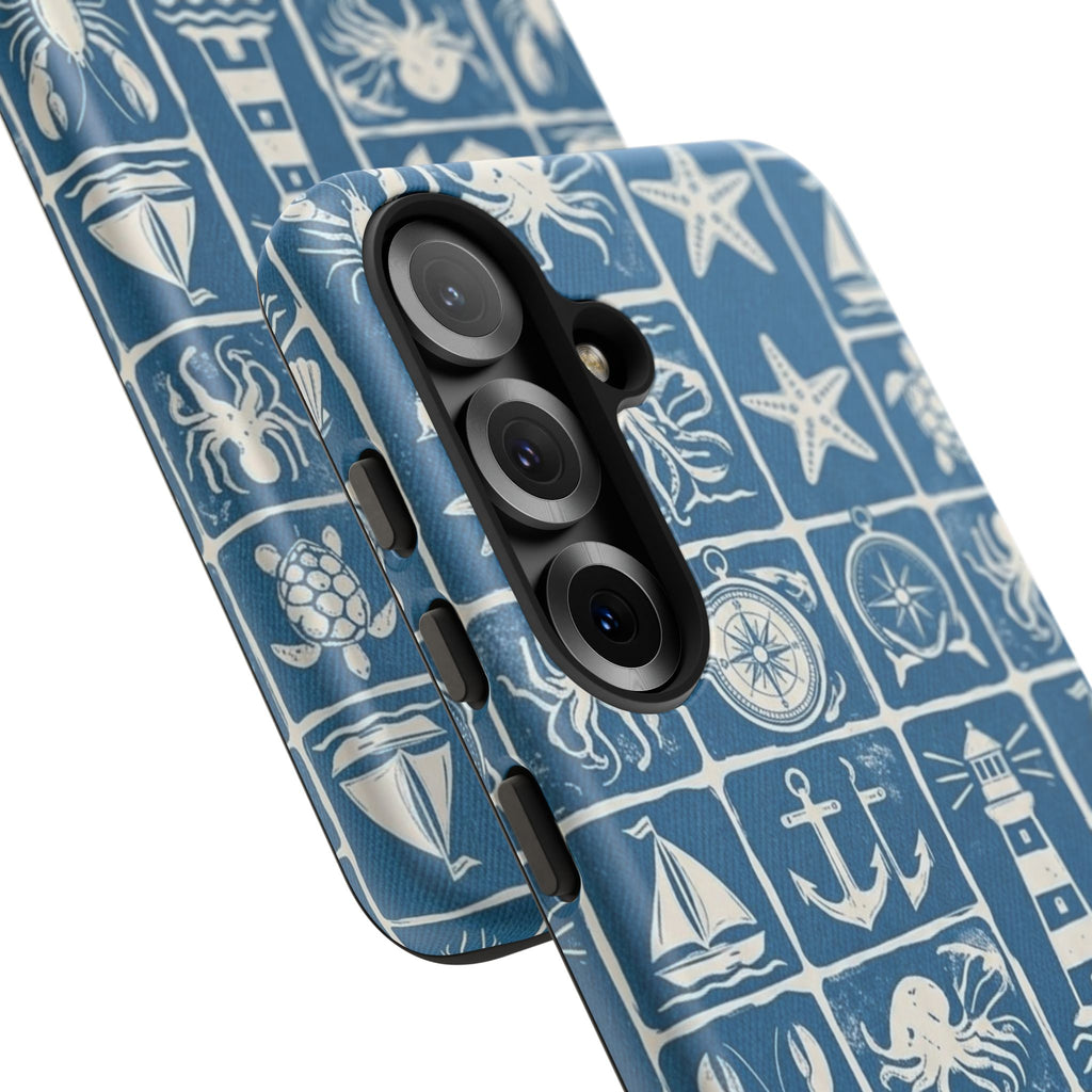 Nautical Tile Phone Case — Blue Coastal Icons (lighthouse, anchor, seashells)