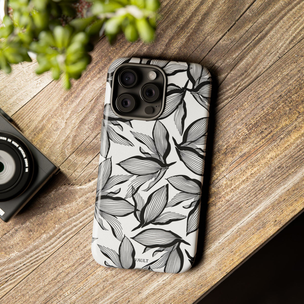 Floral Leaves Tough Phone Case – Black & White Botanical Protection