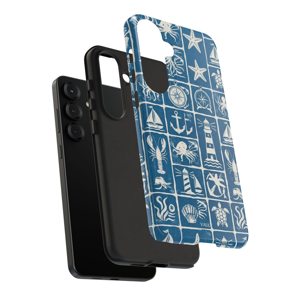 Nautical Tile Phone Case — Blue Coastal Icons (lighthouse, anchor, seashells)
