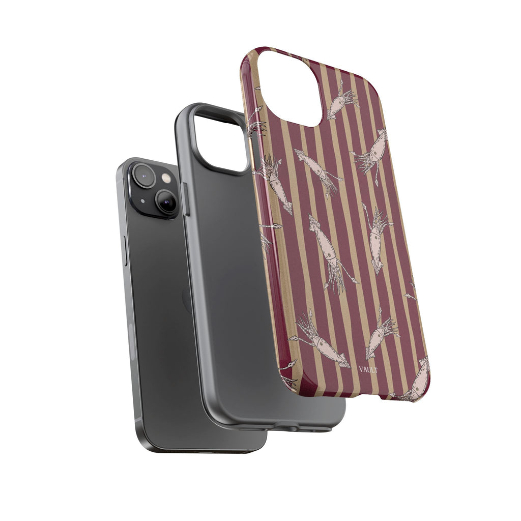 Phone Case - Vintage Shrimp Pattern on Burgundy Stripes