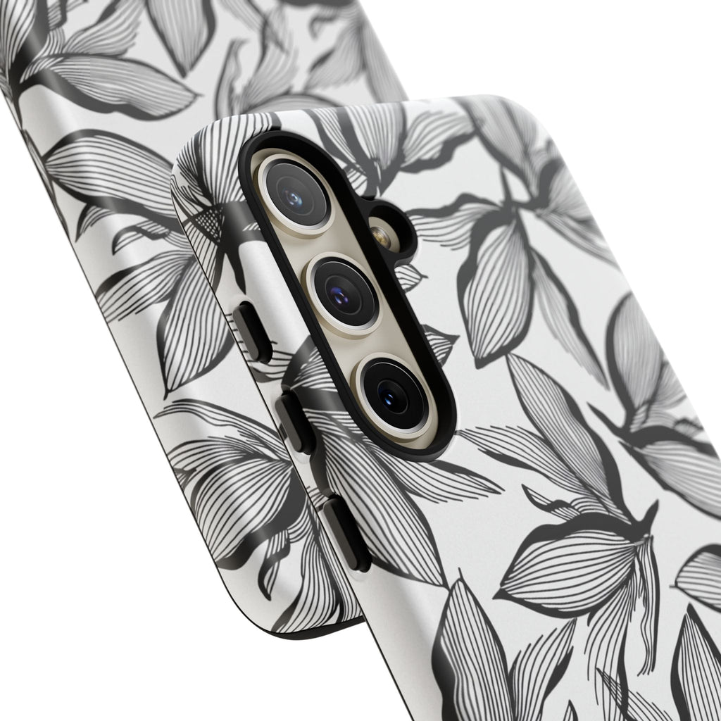 Floral Leaves Tough Phone Case – Black & White Botanical Protection