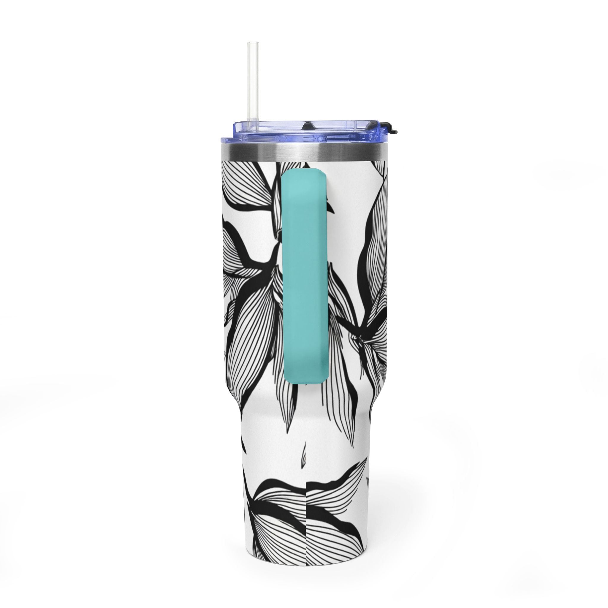 40oz Floral Thermal Tumbler – Black & White Leaf Pattern Vacuum Insulated