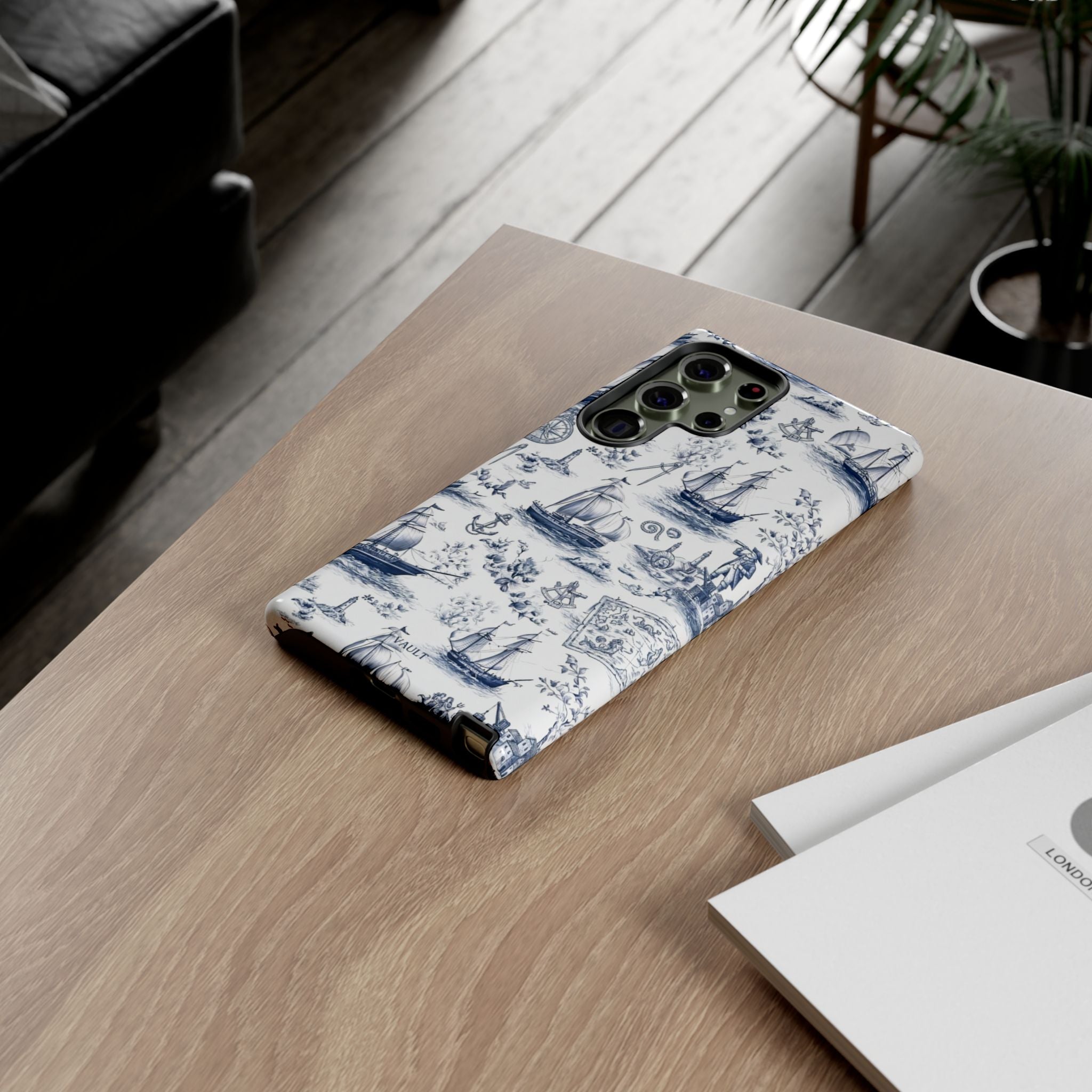 Nautical Vintage Ship Tough Phone Case — Blue Toile Sailboat Pattern