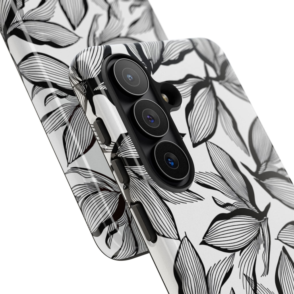 Floral Leaves Tough Phone Case – Black & White Botanical Protection