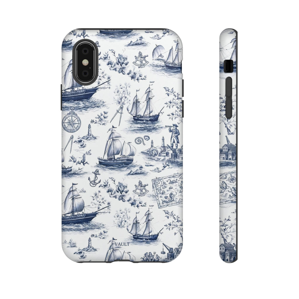 Nautical Vintage Ship Tough Phone Case — Blue Toile Sailboat Pattern