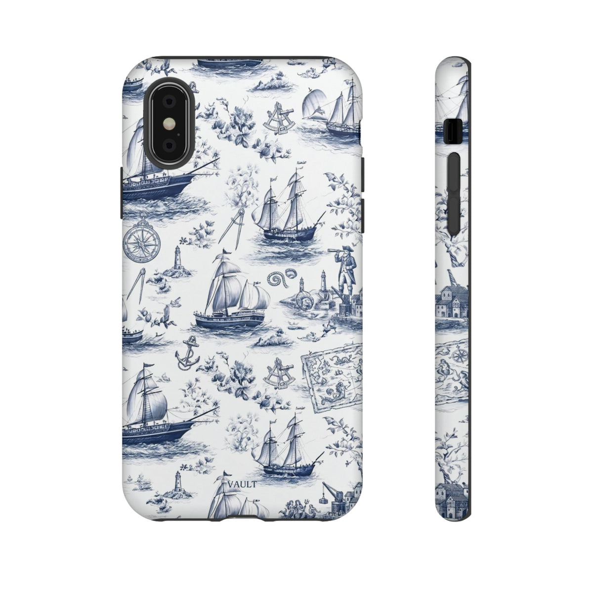 Nautical Vintage Ship Tough Phone Case — Blue Toile Sailboat Pattern