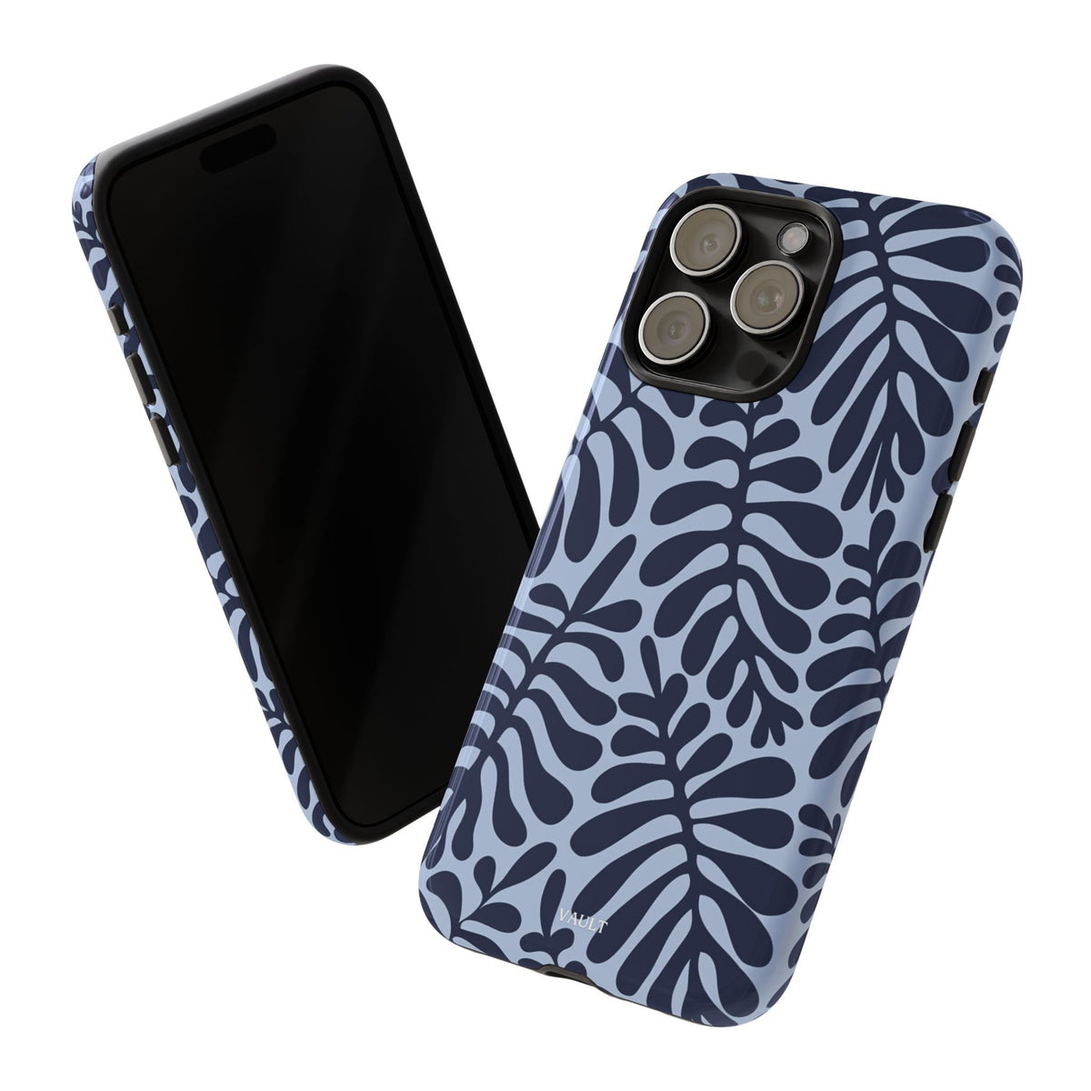 Floral Fern Tough Phone Case – Navy Blue on Light Blue, Protective Slim Cover