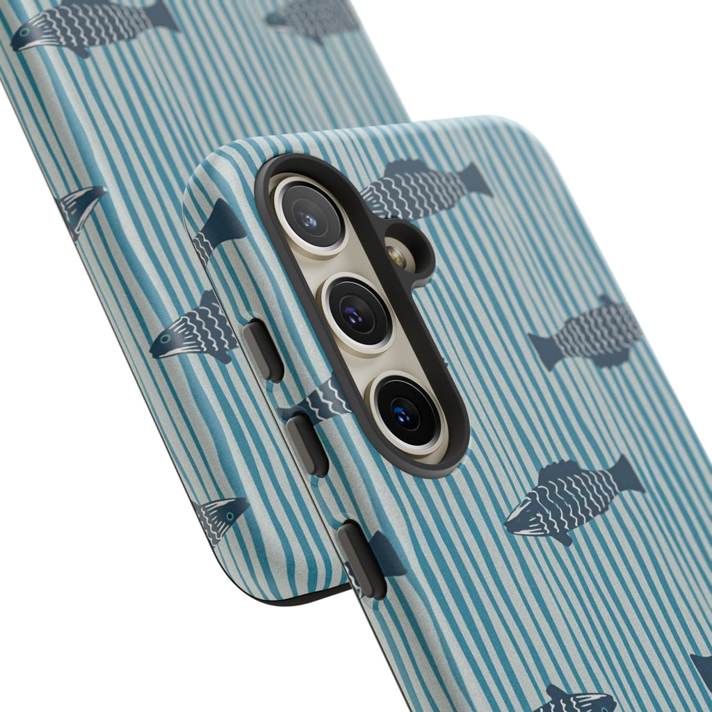 Fish Pattern Tough Phone Case — Blue Striped Ocean Design