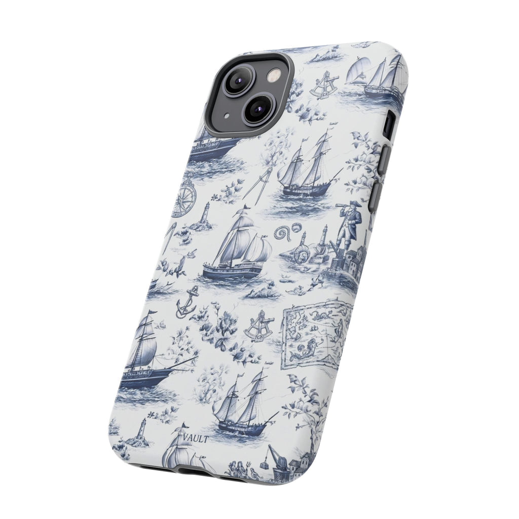 Nautical Vintage Ship Tough Phone Case — Blue Toile Sailboat Pattern