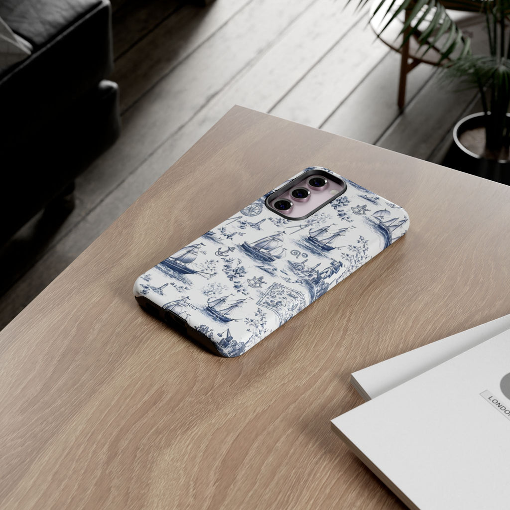 Nautical Vintage Ship Tough Phone Case — Blue Toile Sailboat Pattern