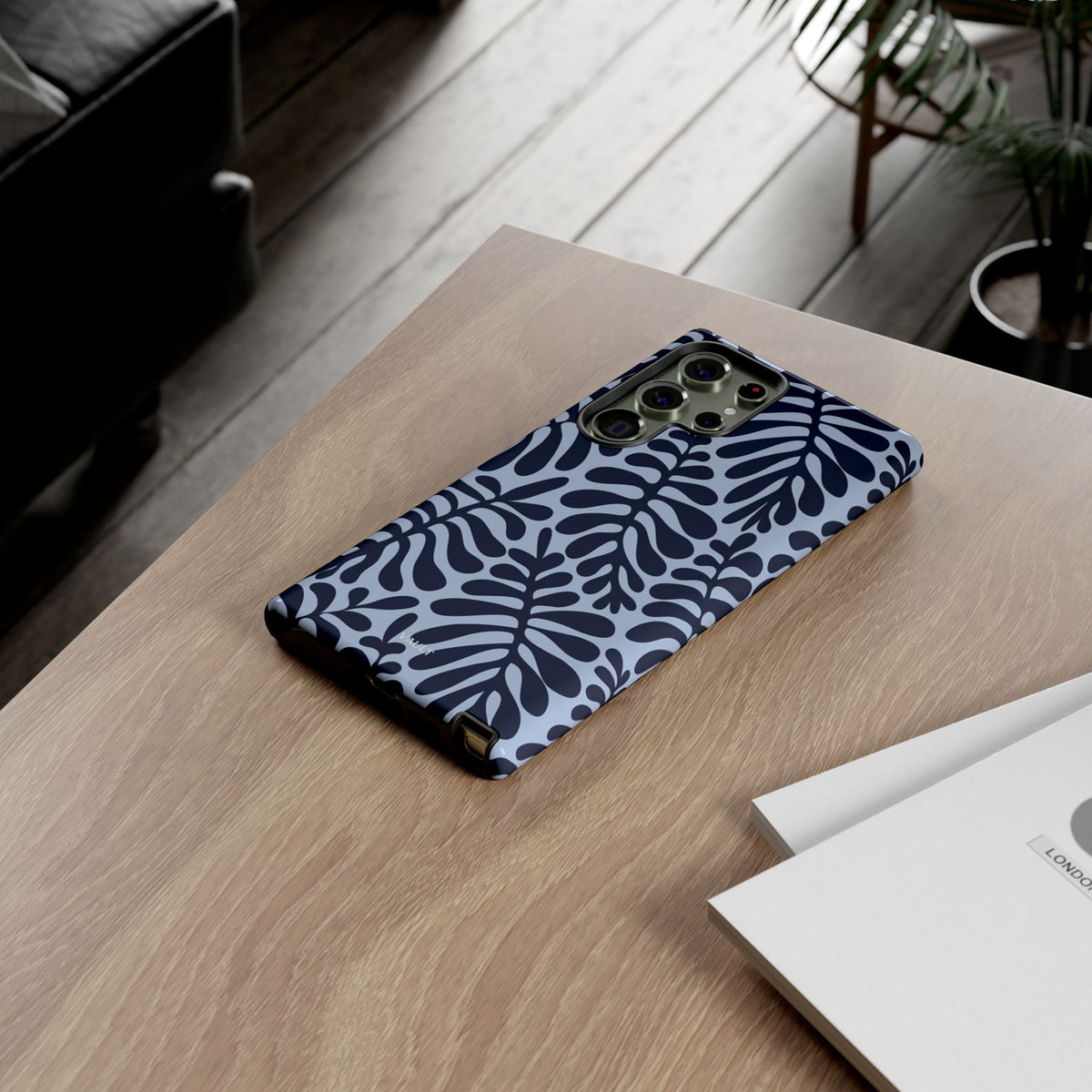 Floral Fern Tough Phone Case – Navy Blue on Light Blue, Protective Slim Cover
