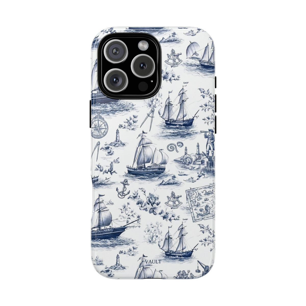 Nautical Vintage Ship Tough Phone Case — Blue Toile Sailboat Pattern