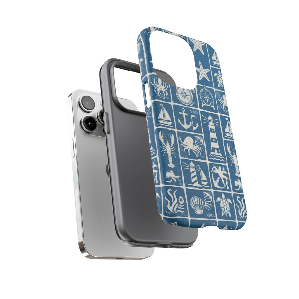 Nautical Tile Phone Case — Blue Coastal Icons (lighthouse, anchor, seashells)