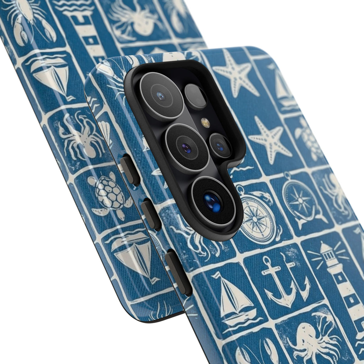 Nautical Tile Phone Case — Blue Coastal Icons (lighthouse, anchor, seashells)