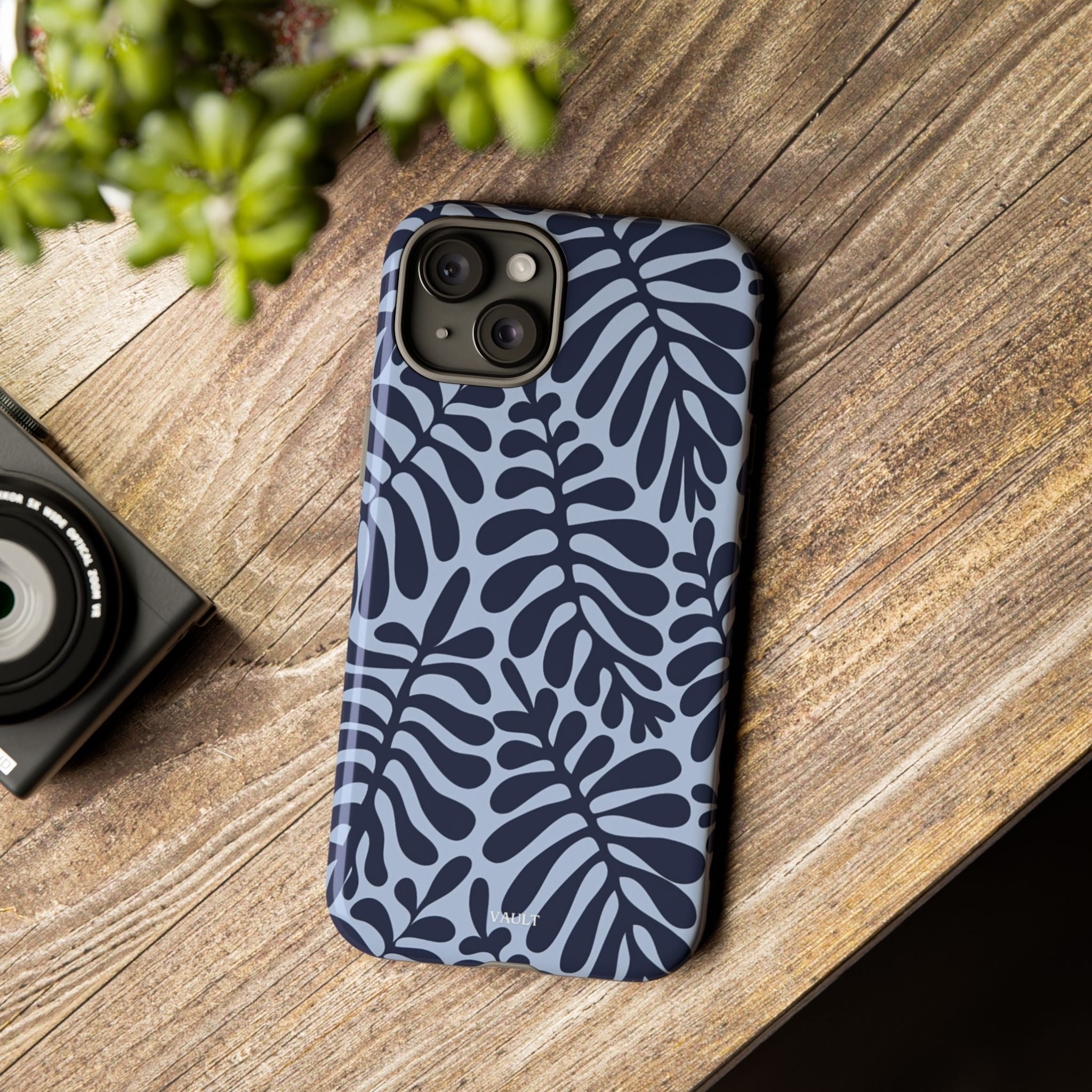 Floral Fern Tough Phone Case – Navy Blue on Light Blue, Protective Slim Cover