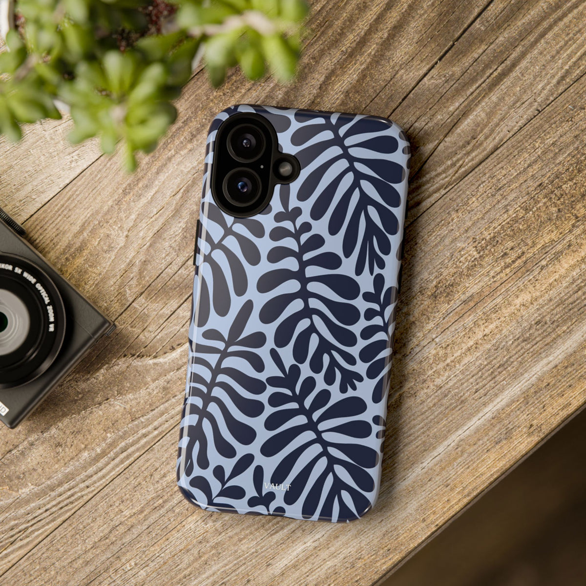 Floral Fern Tough Phone Case – Navy Blue on Light Blue, Protective Slim Cover