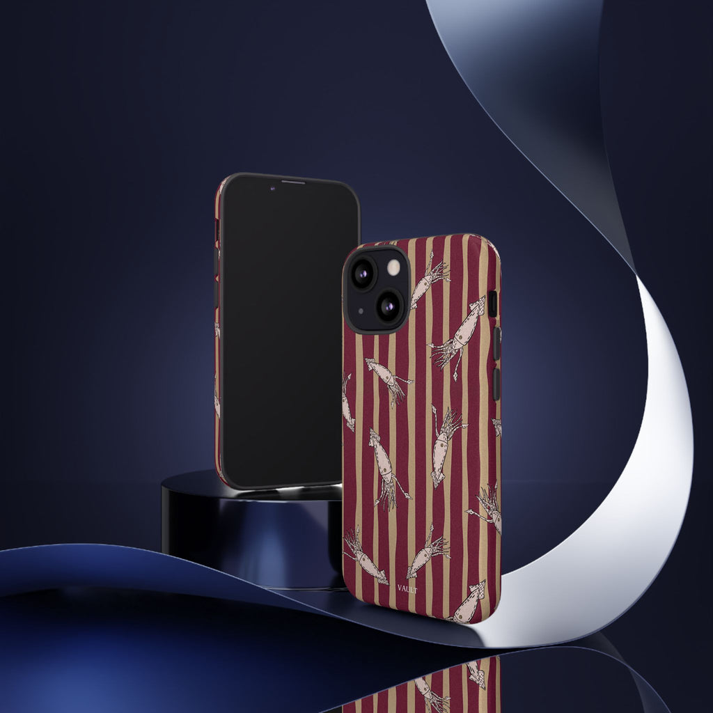 Phone Case - Vintage Shrimp Pattern on Burgundy Stripes