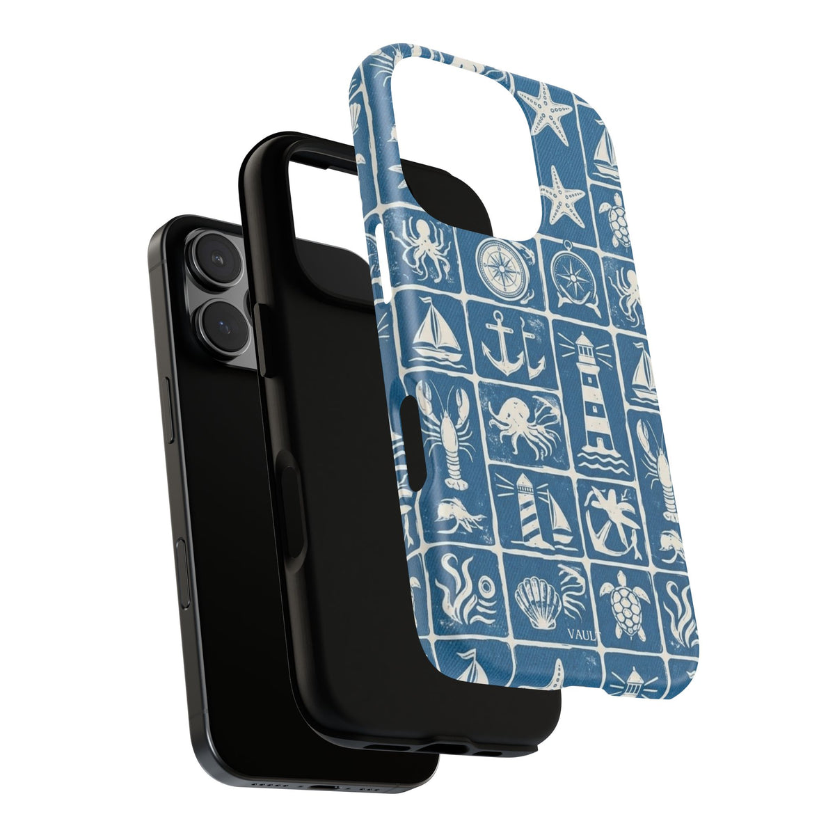 Nautical Tile Phone Case — Blue Coastal Icons (lighthouse, anchor, seashells)