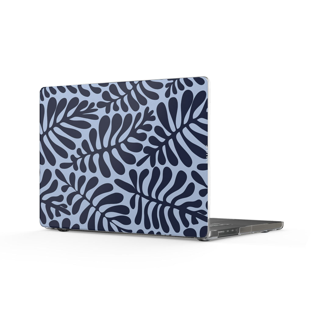 Blue Botanical Clear MacBook Case — Navy Leaf Pattern Laptop Cover