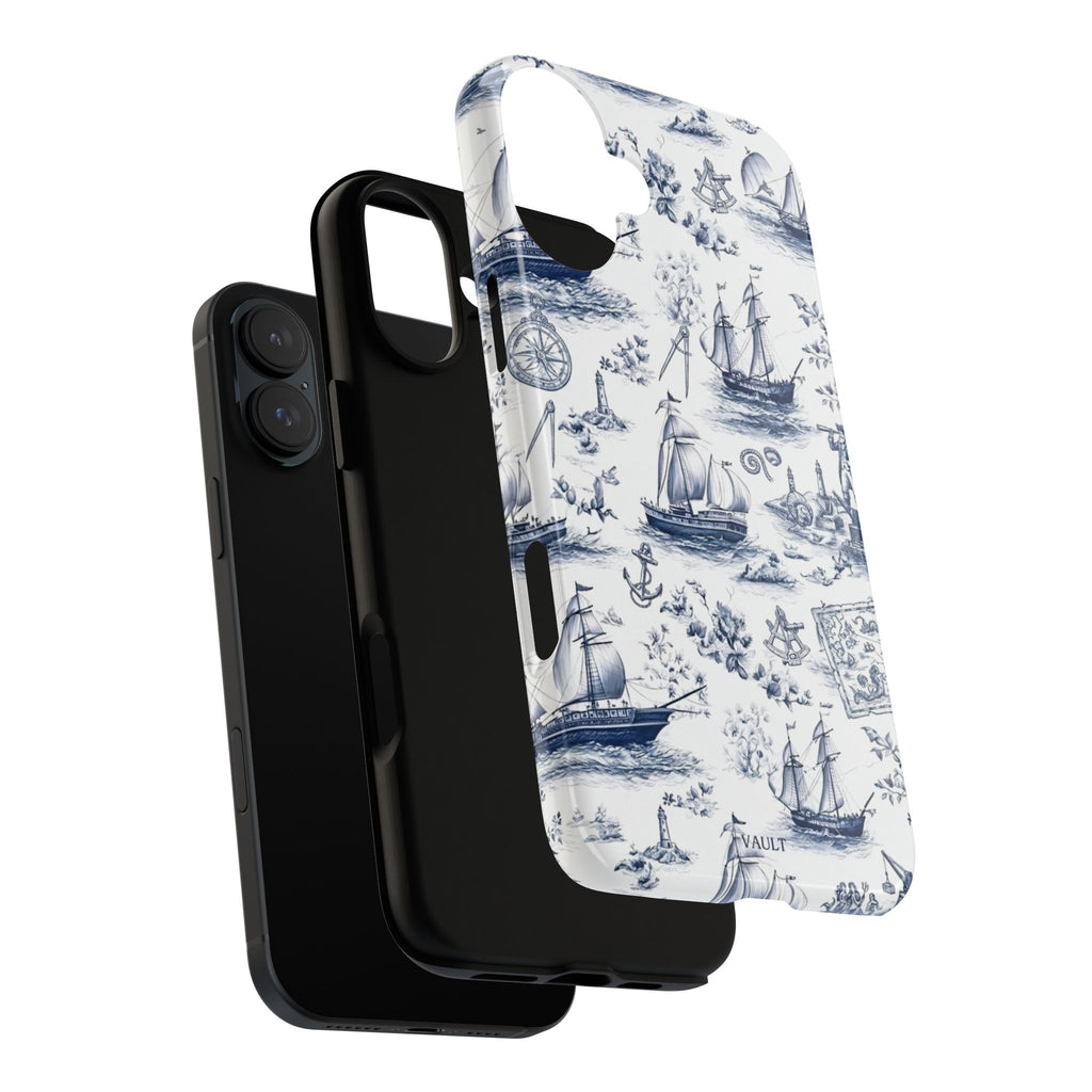 Nautical Vintage Ship Tough Phone Case — Blue Toile Sailboat Pattern