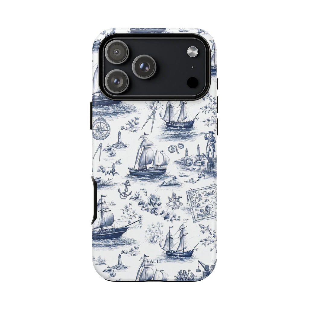 Nautical Vintage Ship Tough Phone Case — Blue Toile Sailboat Pattern