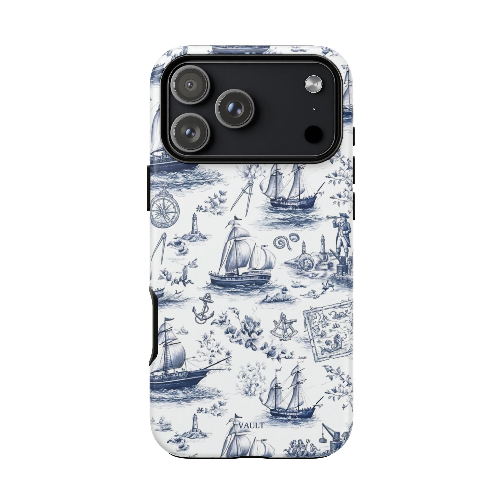 Nautical Vintage Ship Tough Phone Case — Blue Toile Sailboat Pattern