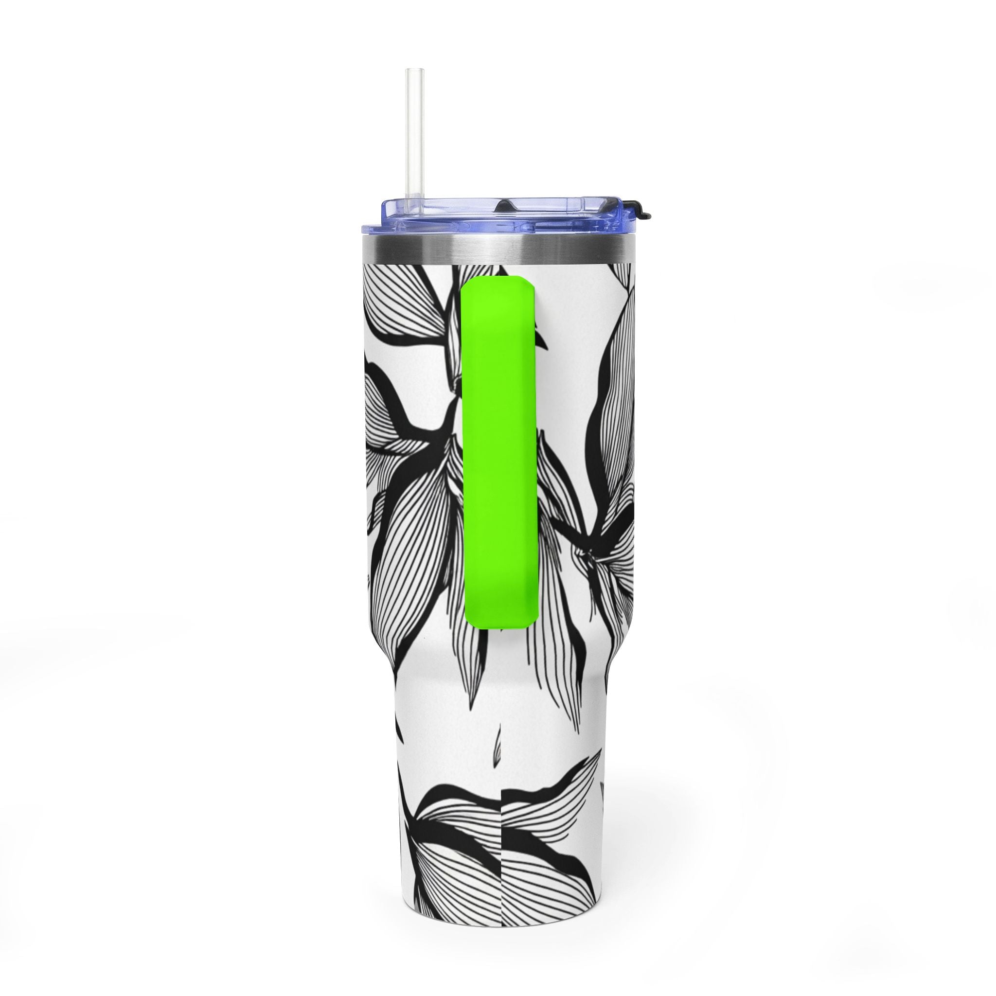 40oz Floral Thermal Tumbler – Black & White Leaf Pattern Vacuum Insulated