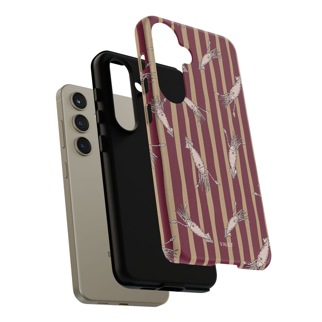 Phone Case - Vintage Shrimp Pattern on Burgundy Stripes