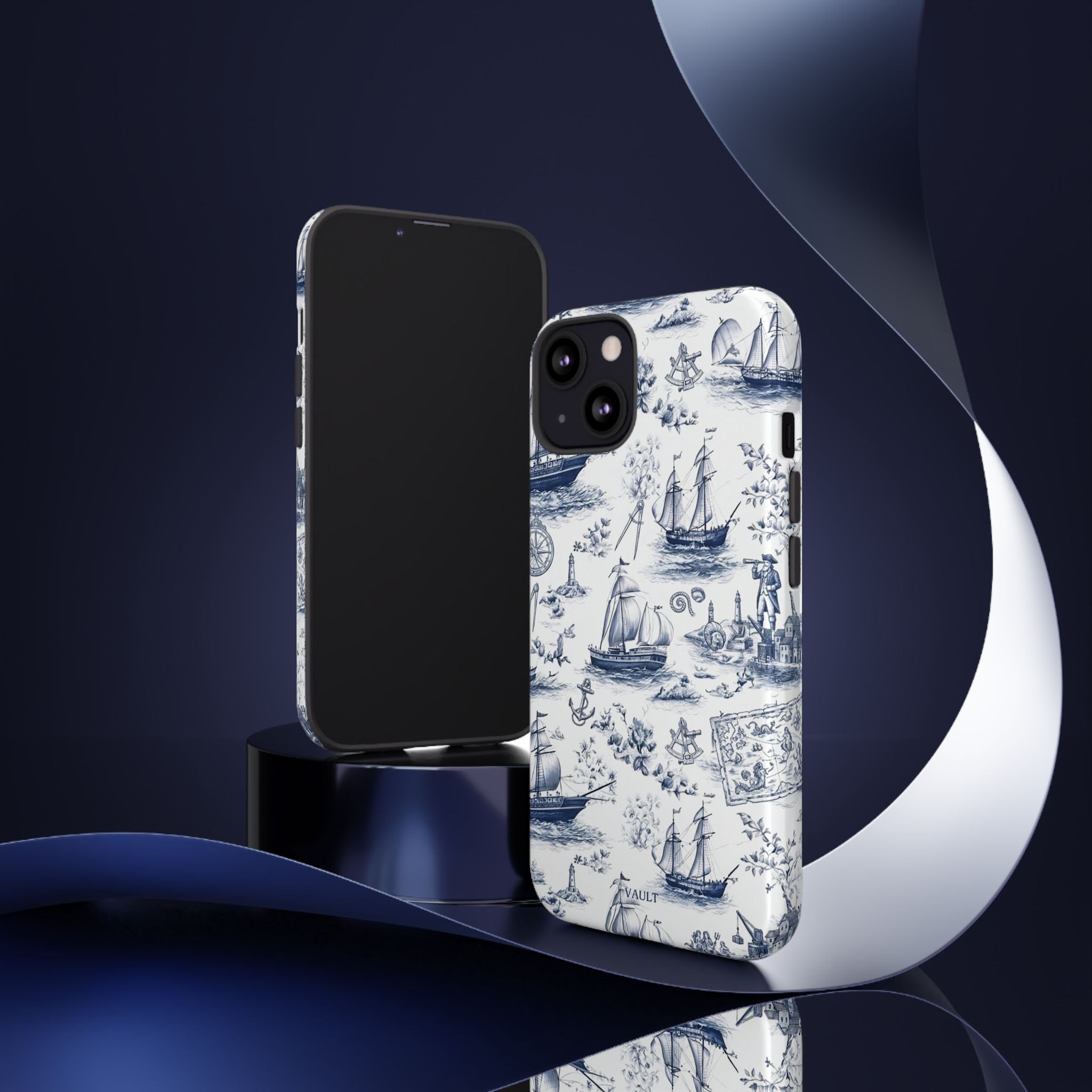Nautical Vintage Ship Tough Phone Case — Blue Toile Sailboat Pattern