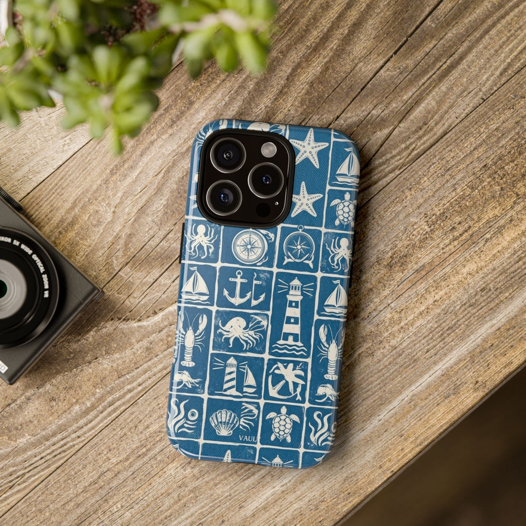 Nautical Tile Phone Case — Blue Coastal Icons (lighthouse, anchor, seashells)