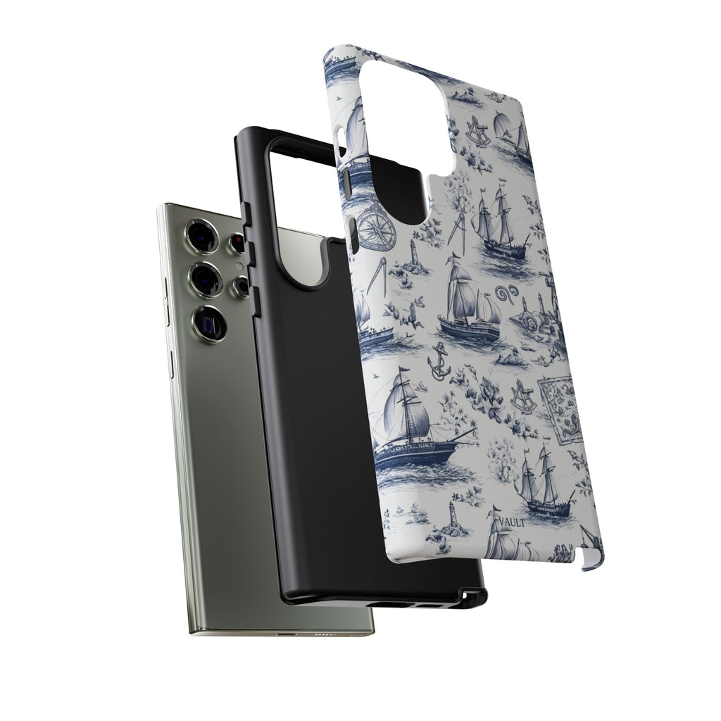 Nautical Vintage Ship Tough Phone Case — Blue Toile Sailboat Pattern