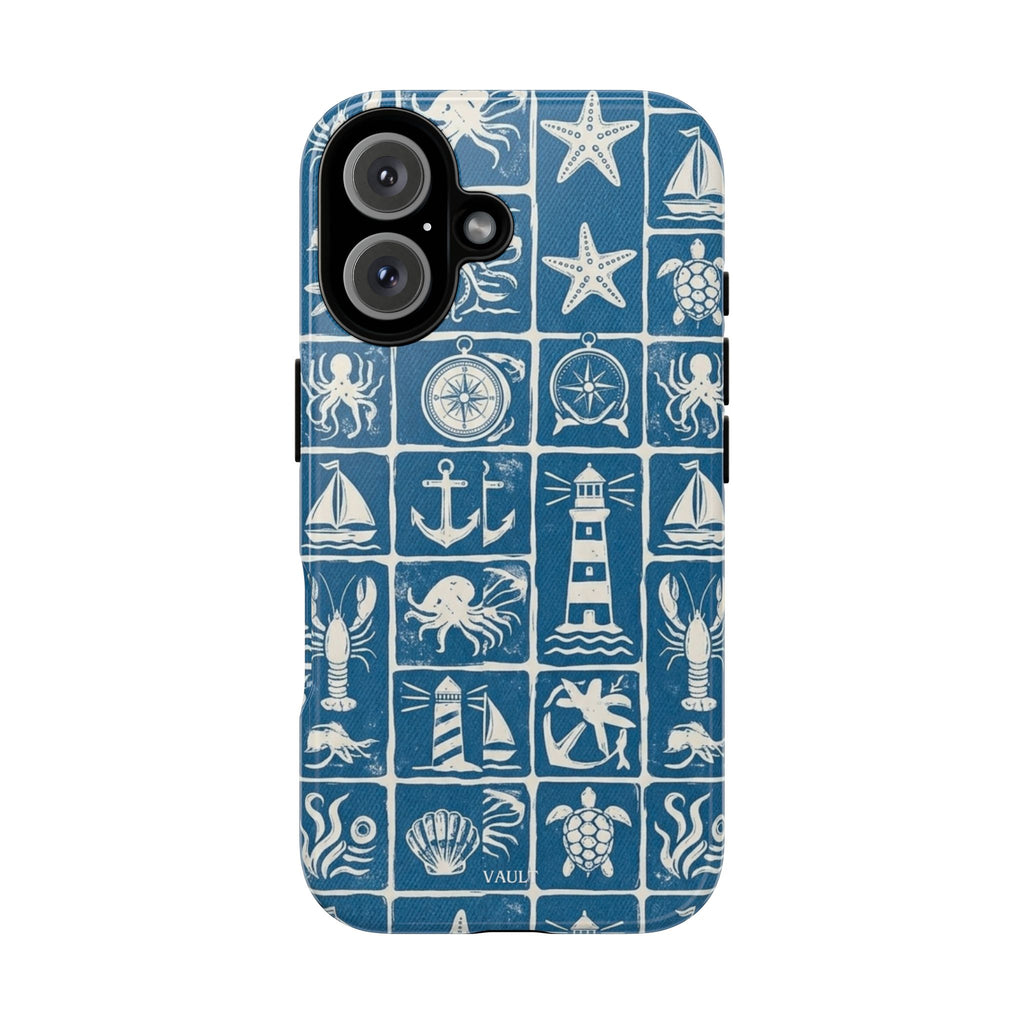 Nautical Tile Phone Case — Blue Coastal Icons (lighthouse, anchor, seashells)