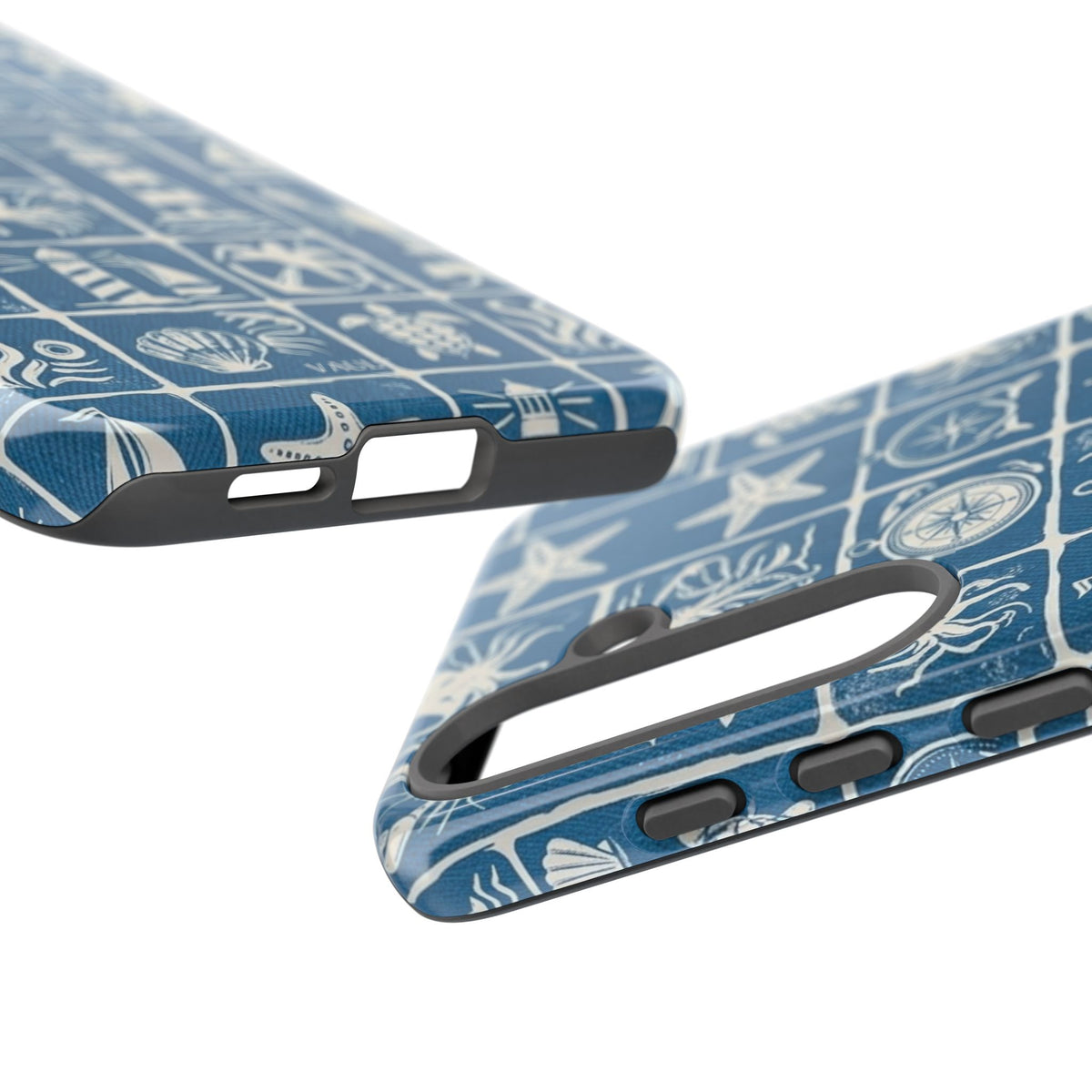 Nautical Tile Phone Case — Blue Coastal Icons (lighthouse, anchor, seashells)