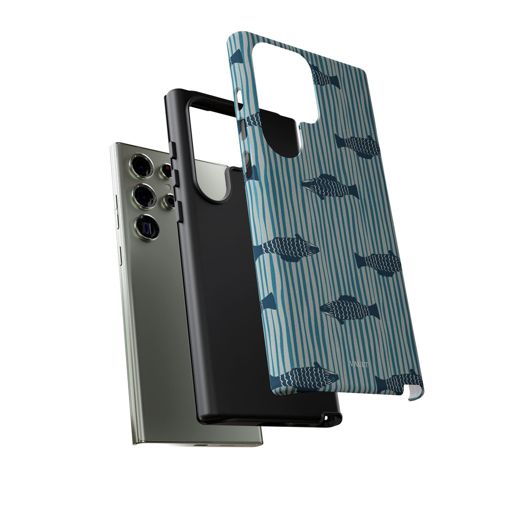 Fish Pattern Tough Phone Case — Blue Striped Ocean Design