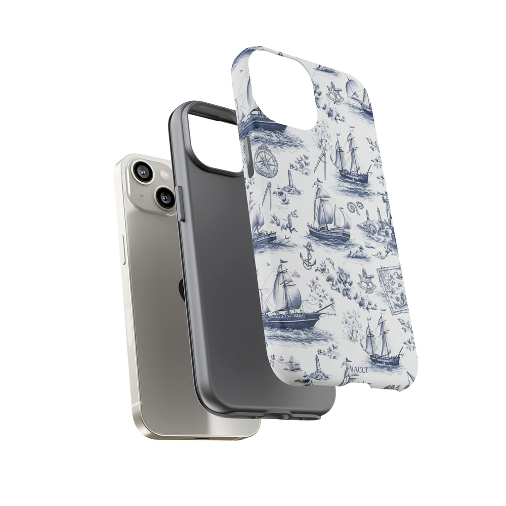 Nautical Vintage Ship Tough Phone Case — Blue Toile Sailboat Pattern