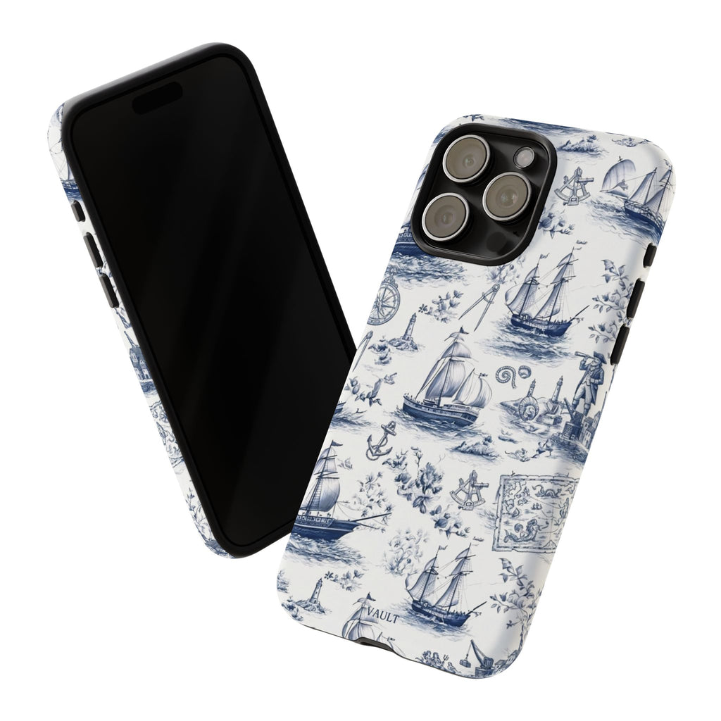 Nautical Vintage Ship Tough Phone Case — Blue Toile Sailboat Pattern