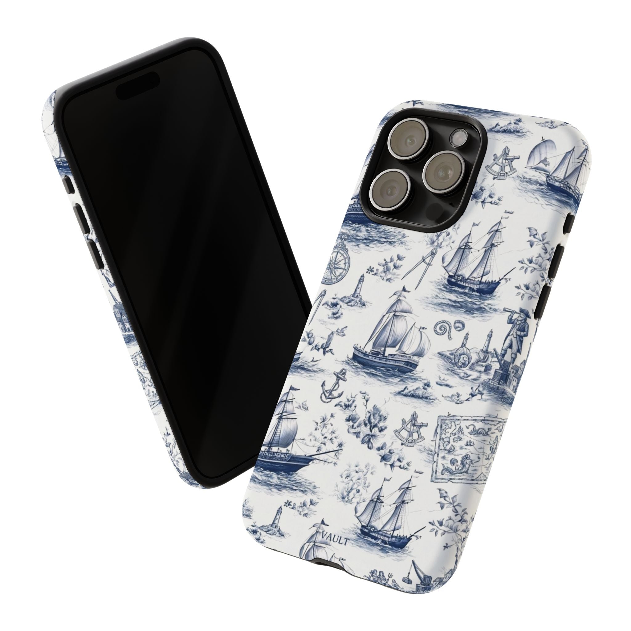 Nautical Vintage Ship Tough Phone Case — Blue Toile Sailboat Pattern