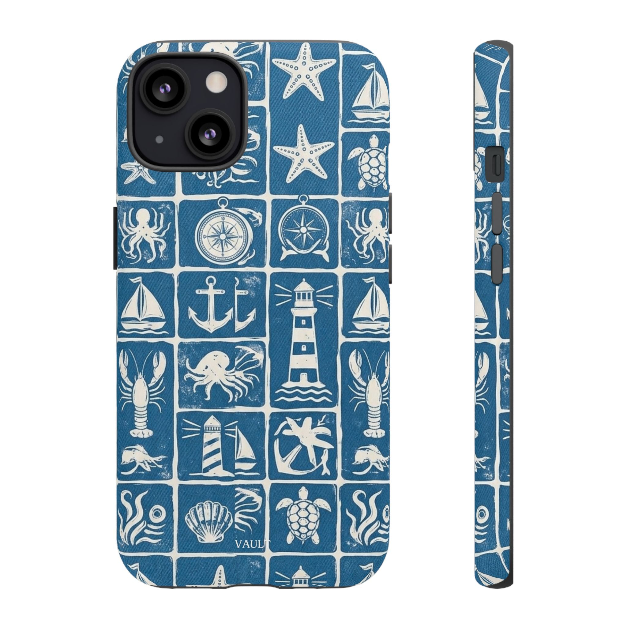 Nautical Tile Phone Case — Blue Coastal Icons (lighthouse, anchor, seashells)