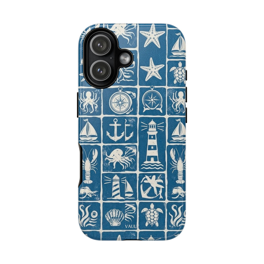 Nautical Tile Phone Case — Blue Coastal Icons (lighthouse, anchor, seashells)