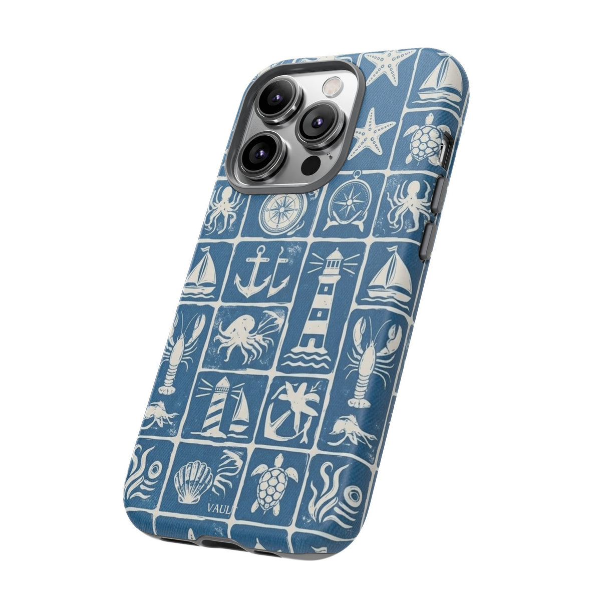 Nautical Tile Phone Case — Blue Coastal Icons (lighthouse, anchor, seashells)