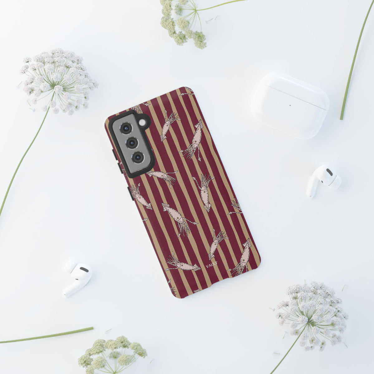 Phone Case - Vintage Shrimp Pattern on Burgundy Stripes