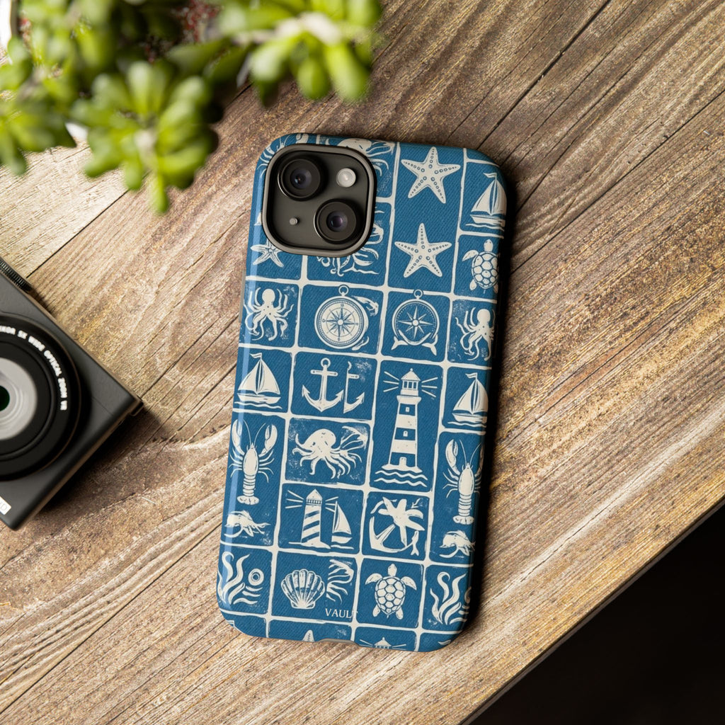 Nautical Tile Phone Case — Blue Coastal Icons (lighthouse, anchor, seashells)