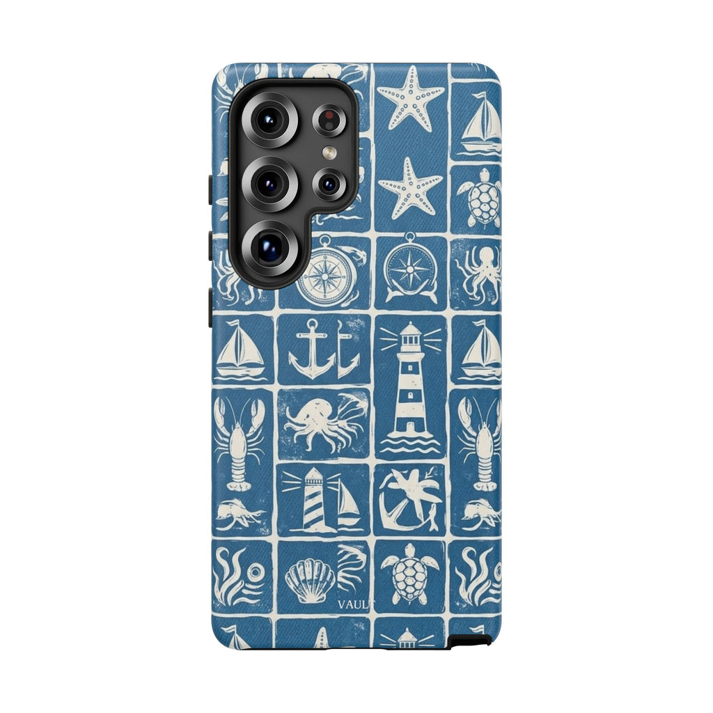 Nautical Tile Phone Case — Blue Coastal Icons (lighthouse, anchor, seashells)